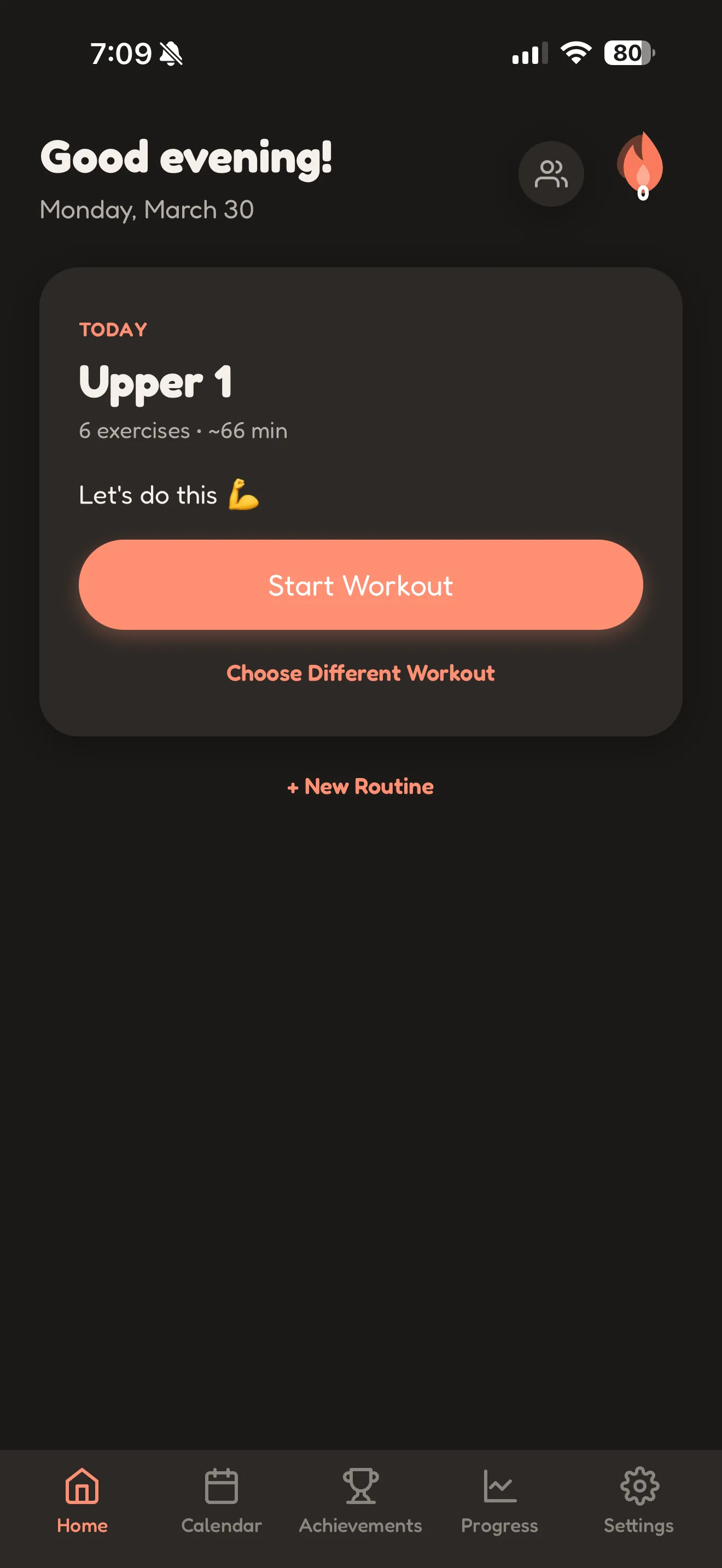 Kongo home screen showing today's workout and streak