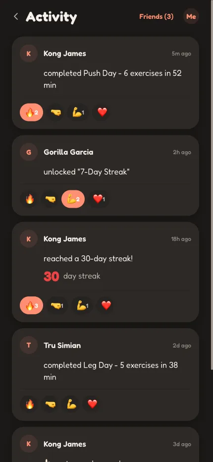 Kongo social feed showing friends' workouts