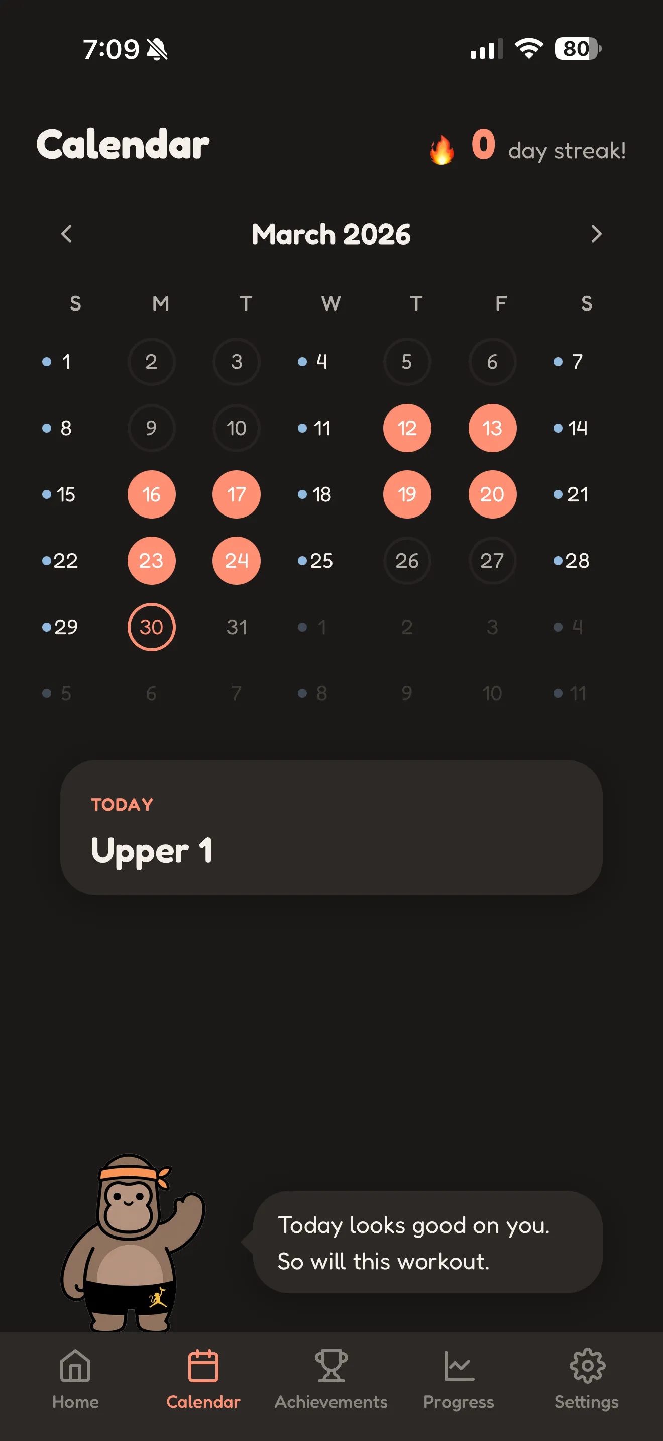 Streak calendar and progress screen